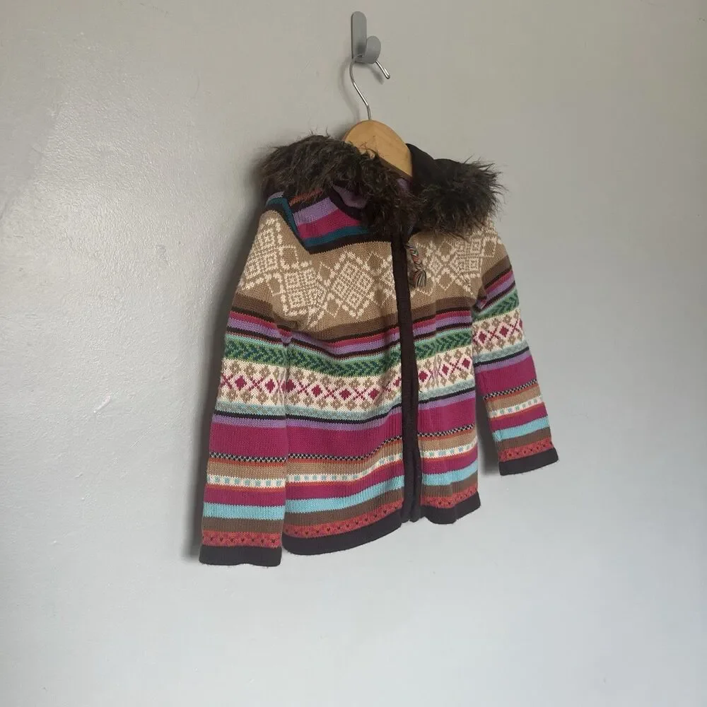 GAP Girls Sweater Hoodie Faux Brown Fur Trim Multi-color Striped Fair Isle 2T